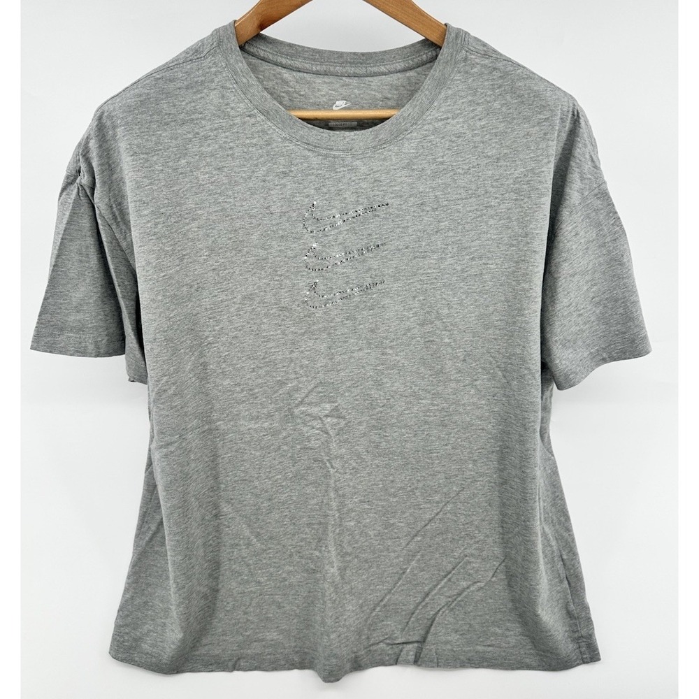 Nike Tee Rhinestone Swoosh T Shirt Women's XL Gray Loose Crew Short Sleeve